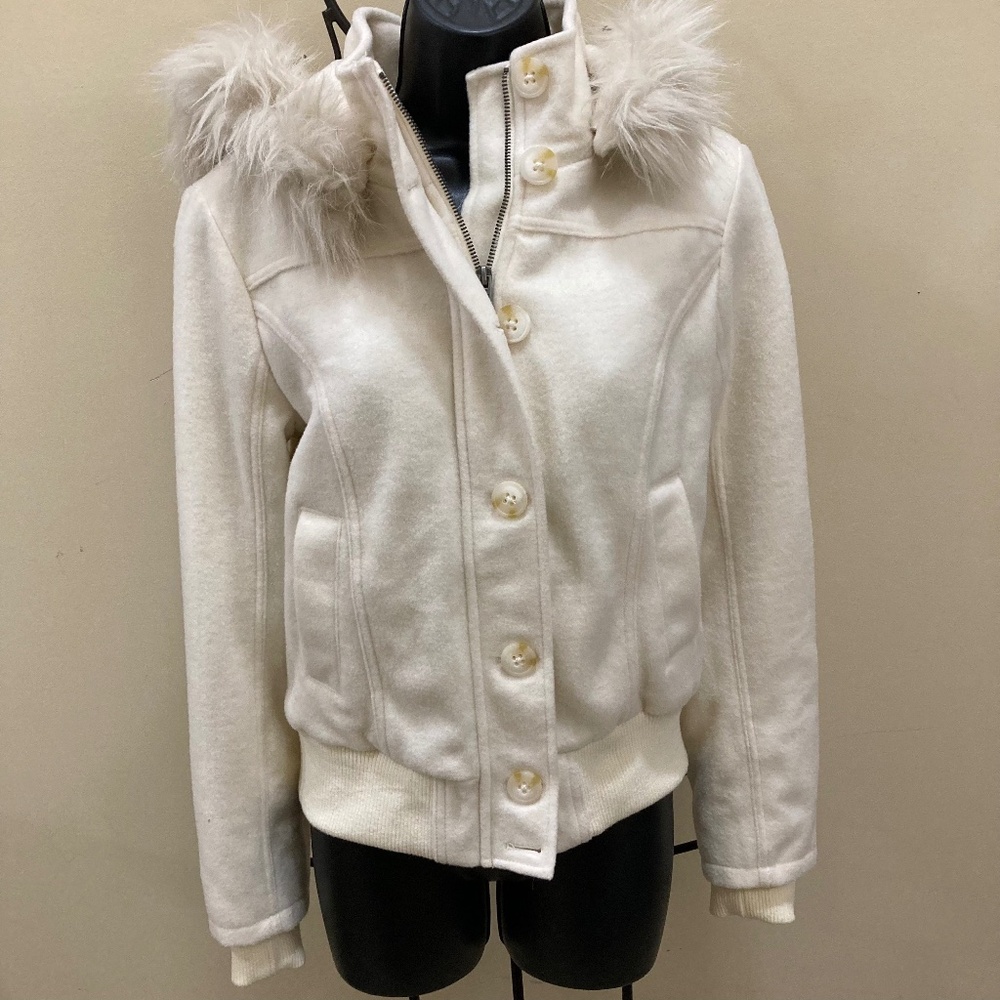 NWT Aeropostale Fur Trimmed Hooded Wool Jacket, size M, Ivory